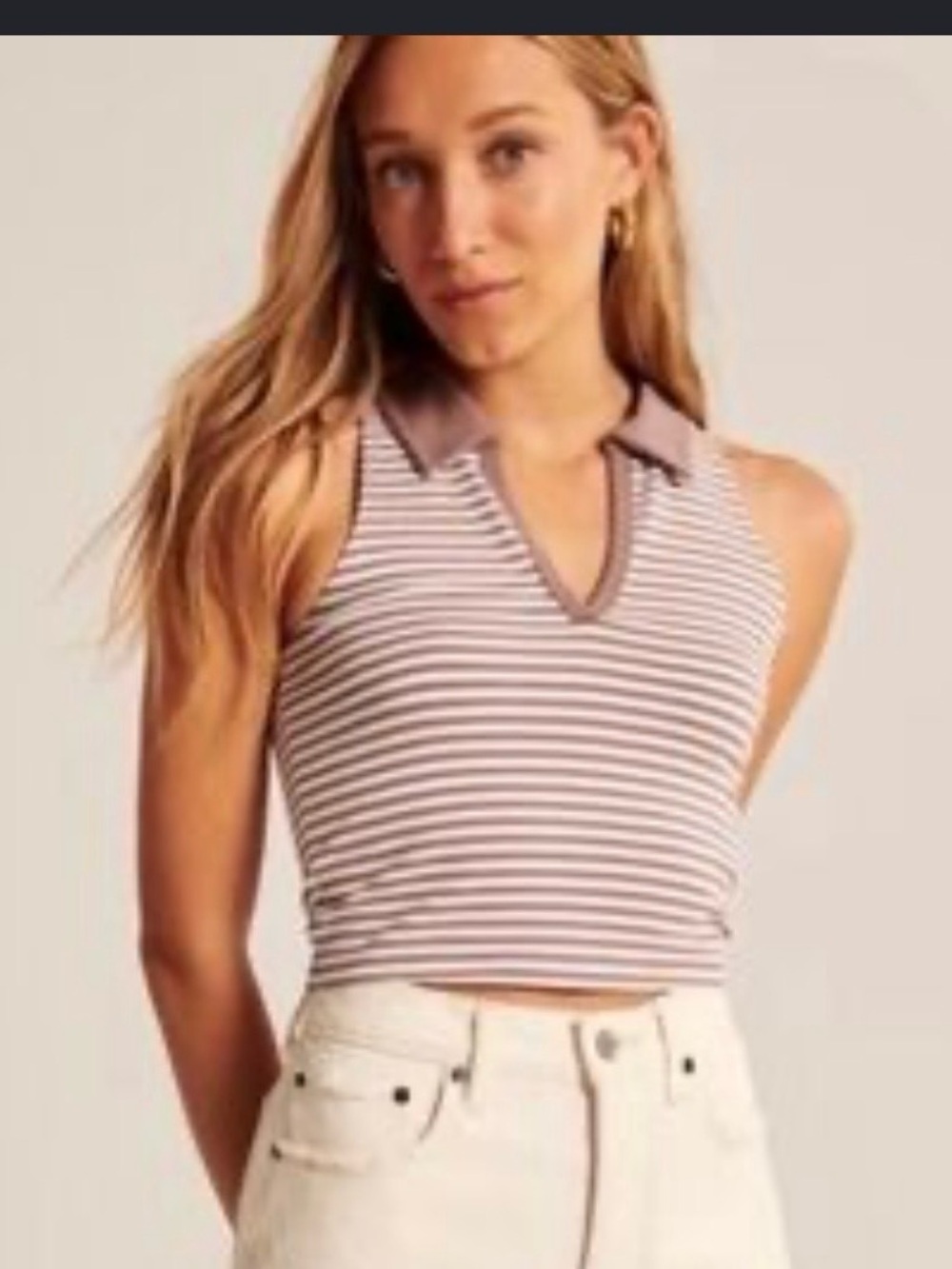 Abercrombie & Fitch Mauve and White Striped Sleeveless Collared Crop Top